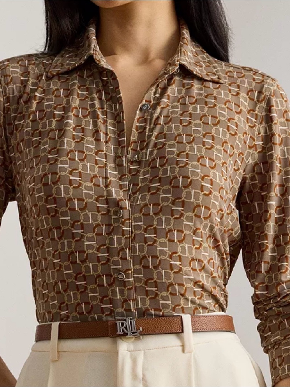 Lauren Ralph Lauren Women Geo-Print Metal Buttons Up Shirt LRL Logo XS